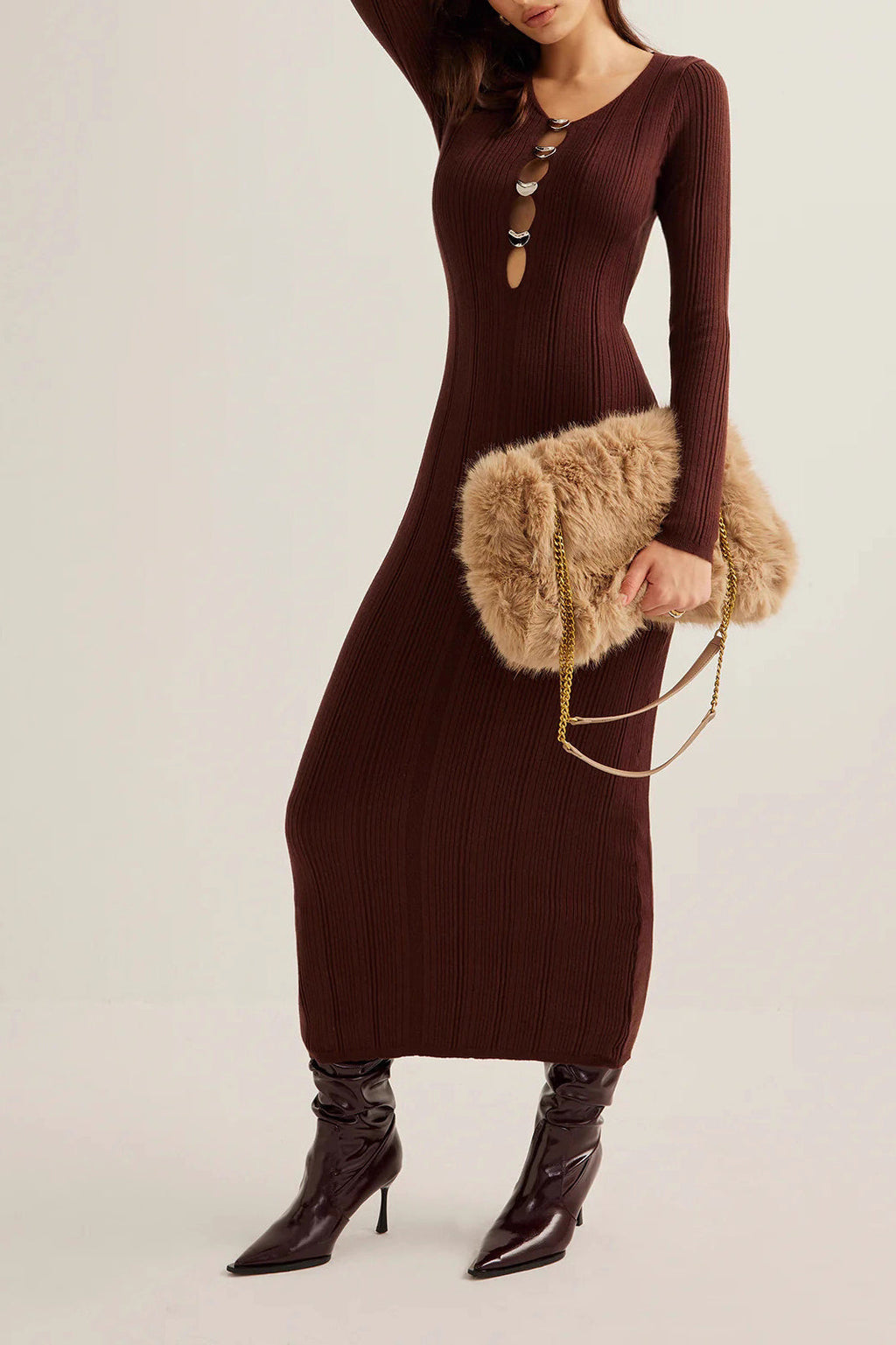 Brown Ribbed Knit Bodycon Dress