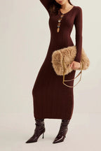 Brown Ribbed Knit Bodycon Dress