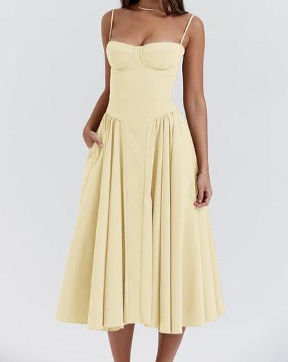 Corset Bodice Basque Waist Pleated A-Line Midi Dress