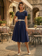 Contrast Piping Bow Neck Button Decor Pleated A Line Swing Dress For Women 2026
