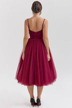 Ruched Sweetheart Pleated Bodice Tulle Layered Skirt Spaghetti Strap Midi Dress