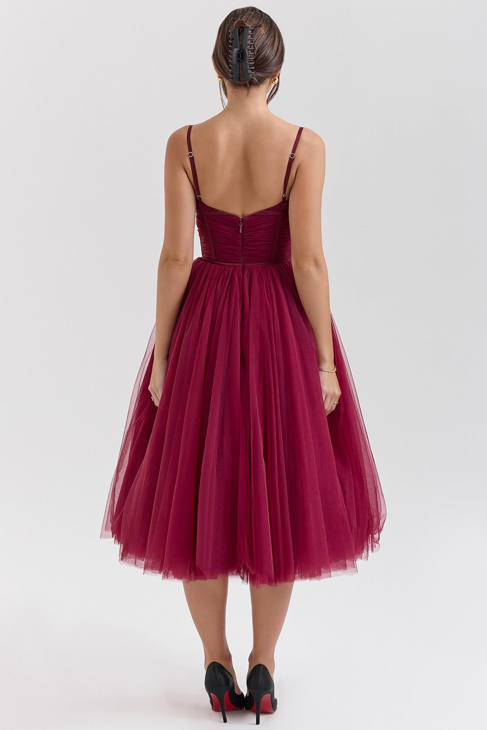 Ruched Sweetheart Pleated Bodice Tulle Layered Skirt Spaghetti Strap Midi Dress
