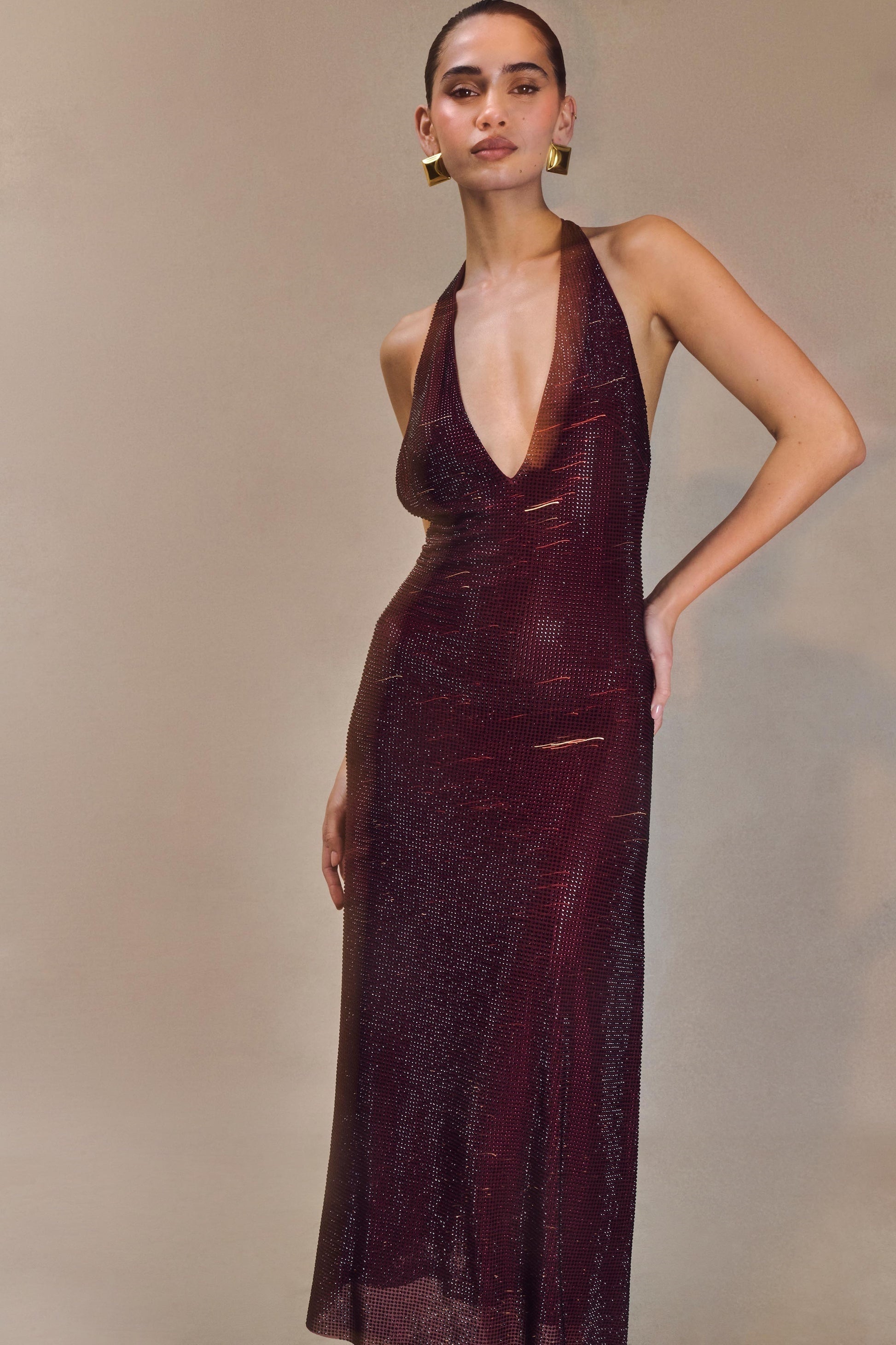 Sequin Halter Neck Deep V-Neck Bodycon Midi Dress