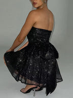 Sequin Strapless Ruched Bodice Mesh Overlay Flared Mini Dress
