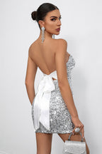 White Deep V Strapless Sequin Mini Dress