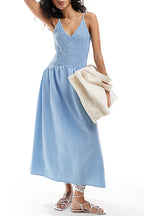 Smocked Bodice Crinkle Texture Spaghetti Strap V-Neck Maxi Dress