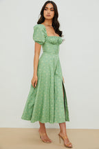 Floral Square Neck Puff Sleeve Ruched Tie Bust High Split Midi Dress