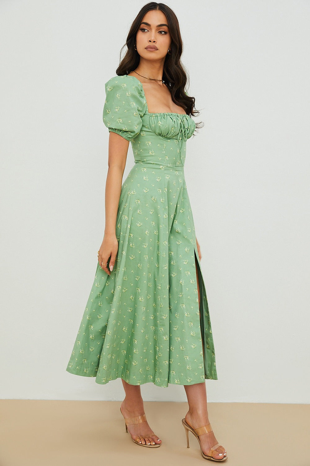 Floral Square Neck Puff Sleeve Ruched Tie Bust High Split Midi Dress