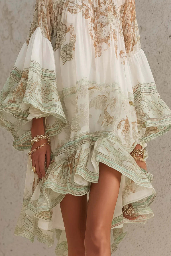 Mini Dress with Flared Sleeves and Printed Ruffles