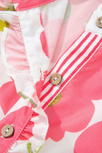 Pink Floral Ruffle Short Sleeve Striped Buttoned Collar Blouse