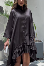 Stand Collar Pleated Ruffle High-Low Oversized Shirt Dress
