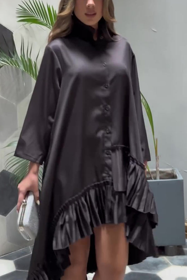 Stand Collar Pleated Ruffle High-Low Oversized Shirt Dress