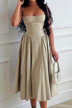 Corset Bustier Spaghetti Strap Basque Waist Gathered Full Midi Dress