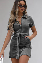 Denim Collar Zip Front Tie Waist Patch Pocket Mini Shirt Dress