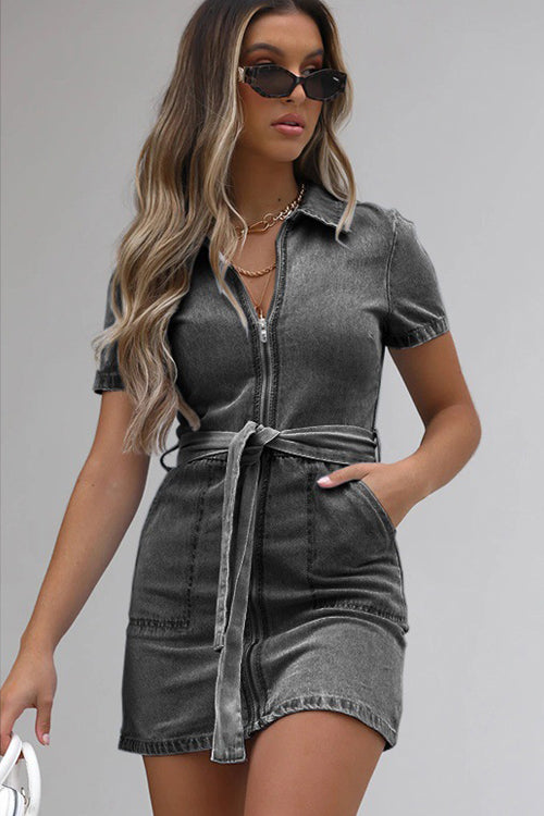 Denim Collar Zip Front Tie Waist Patch Pocket Mini Shirt Dress