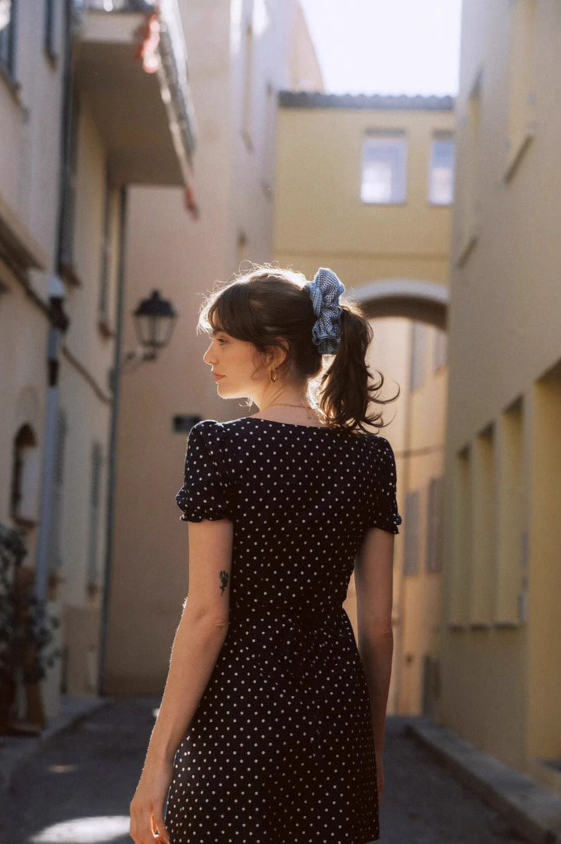 Polka Dot Peter Pan Collar Puff Sleeve Button Front Fit and Flare Mini Dress