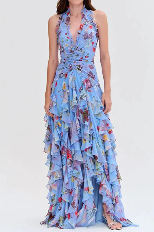 Floral Halter Neck Deep V-Neck Ruffle Trim Tiered Ruffle High Split Maxi Dress