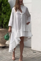 Stand Collar Pleated Ruffle High-Low Oversized Shirt Dress