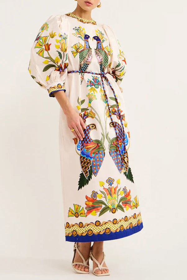Bird Print Puff Sleeve Belted Border Hem Midi Dress