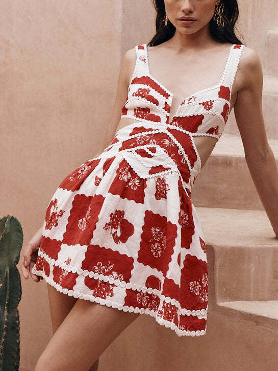 Deep V Neck Side Cutout Scalloped Trim Postage Stamp Floral Mini Dress