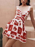 Deep V Neck Side Cutout Scalloped Trim Postage Stamp Floral Mini Dress