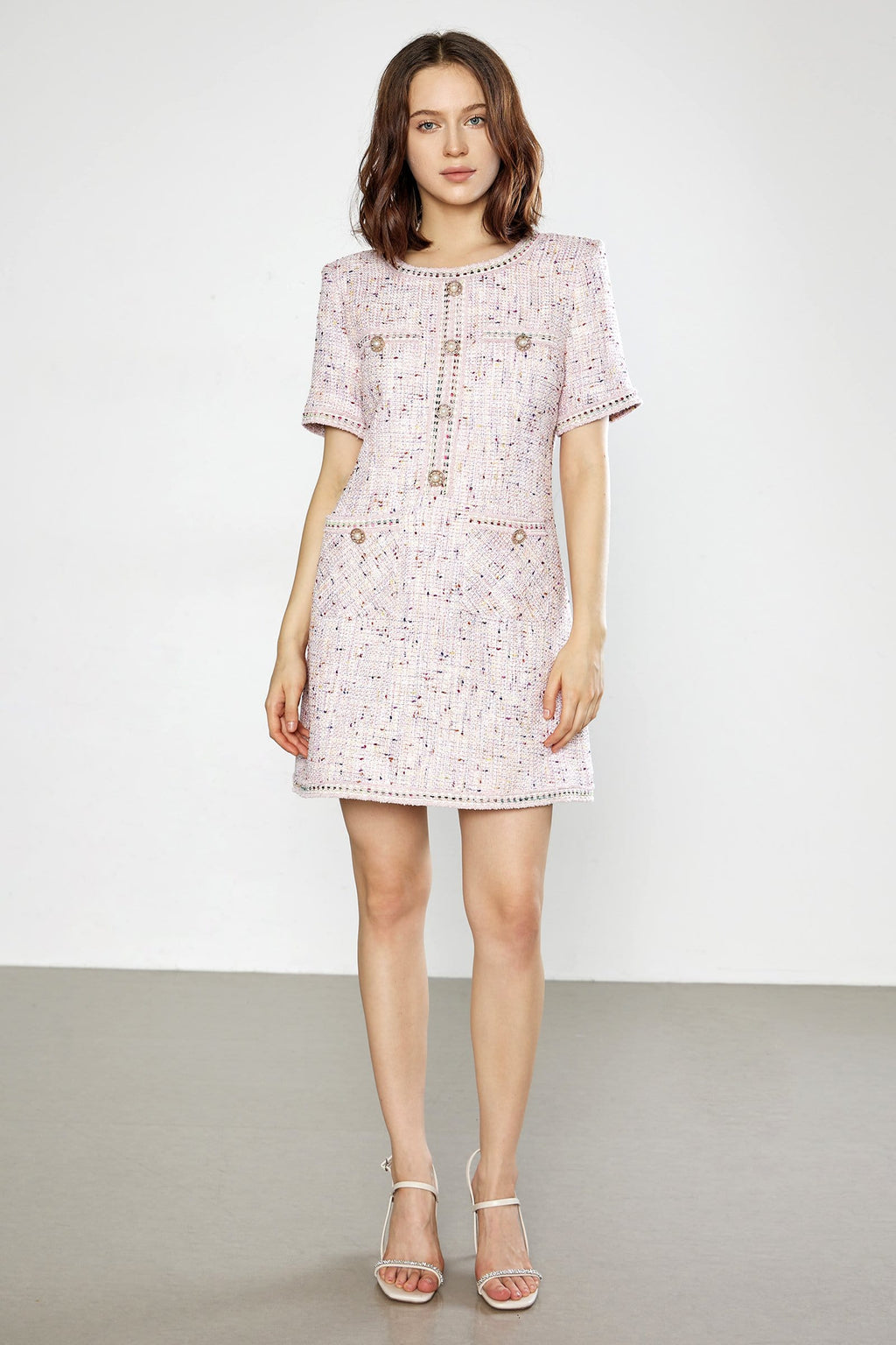 Tweed Jewel Button Patch Pocket Embellished Trim Mini Dress