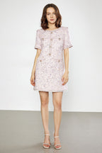 Tweed Jewel Button Patch Pocket Embellished Trim Mini Dress
