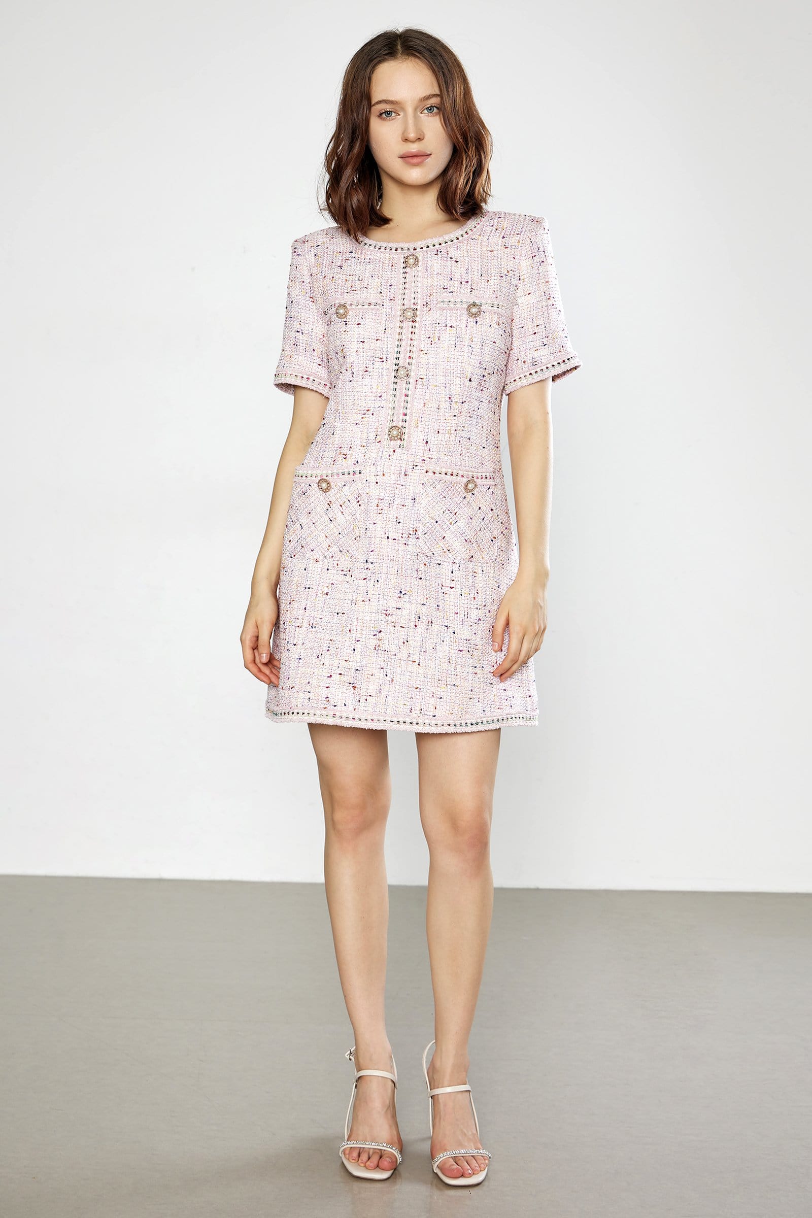 Tweed Jewel Button Patch Pocket Embellished Trim Mini Dress