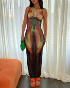 Thermal Print Round Neck Sleeveless Bodycon Maxi Dress