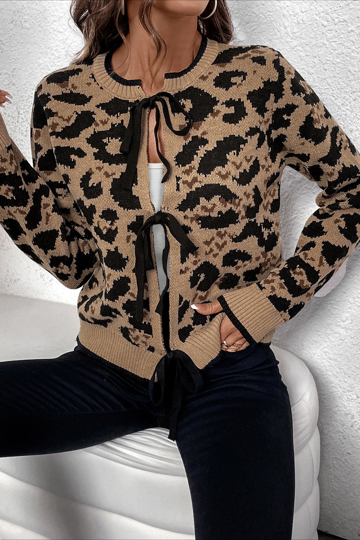 Knitted Leopard Ribbon Tie Cardigan