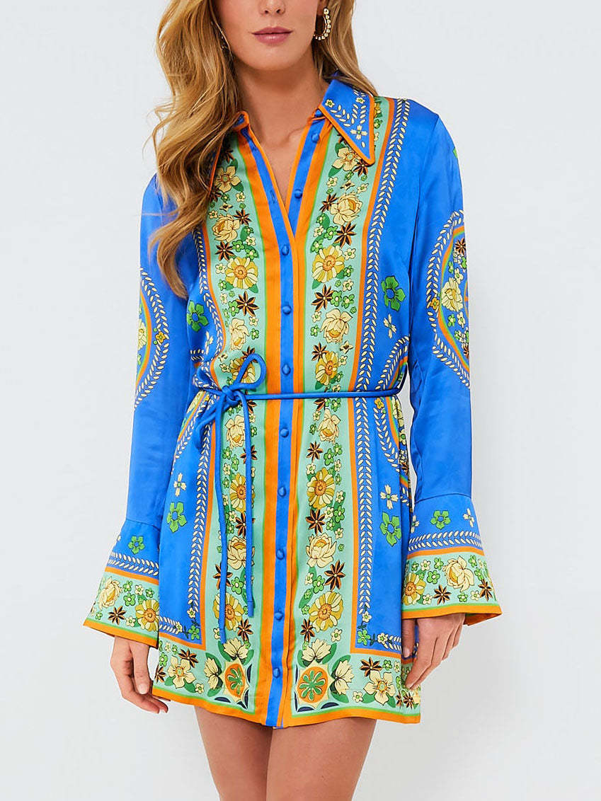 Scarf Print Bell Cuff Collar Button Front Tie Waist Shirt Mini Dress