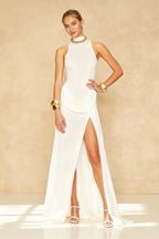 Mock Neck Sleeveless Draped Hip Detail High Split Maxi Dress