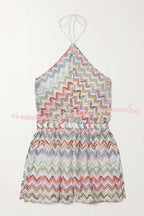 Juney Knit Colorful Zigzag Pattern Halter Neck Slit Wide Leg Loose Romper