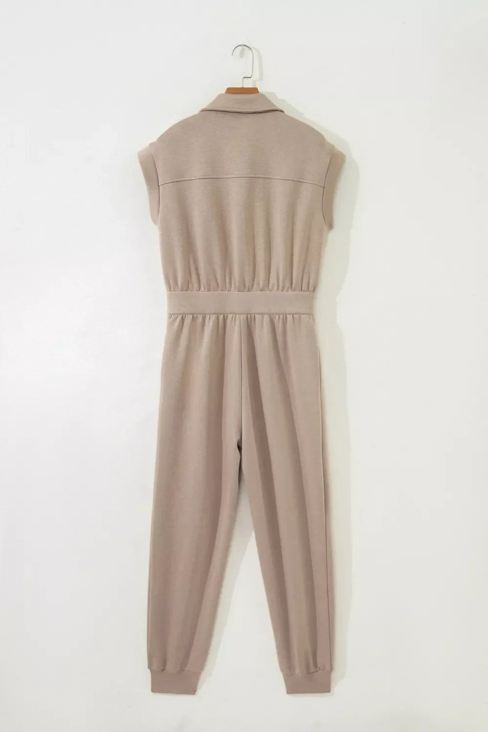 Solid Color Zip Front Short Sleeve Collared Jumpsuit