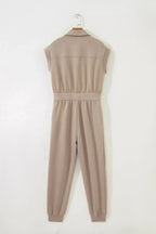 Solid Color Zip Front Short Sleeve Collared Jumpsuit