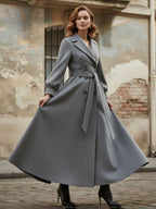 Belted Double-Breasted Woolen Full-Length Coat With Balloon Sleeves For Women 2026