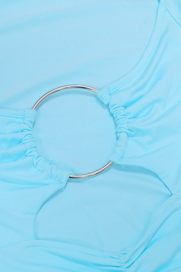 Blue Halter Neck Backless Metal Ring Detail Ruched Maxi Dress