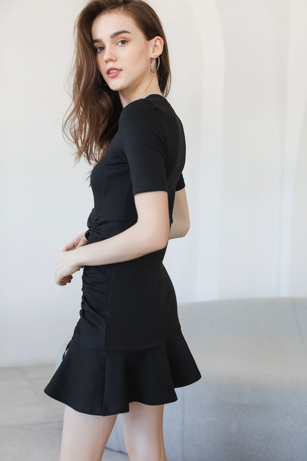 Short Sleeve Round Neck Side Ruched Drawstring Flounce Hem Mini Dress