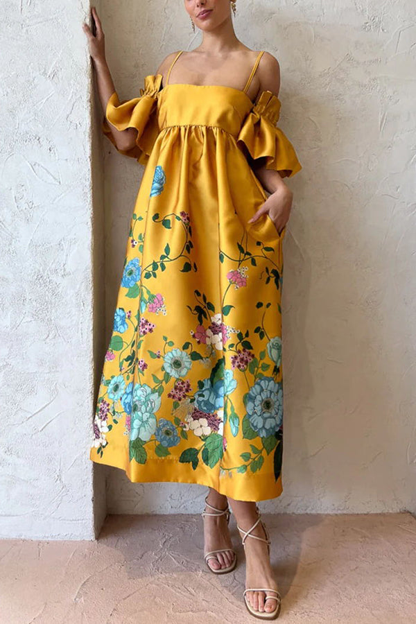 Floral Print Cold Shoulder Ruffle Sleeve Empire Waist Pocket Midi Dress