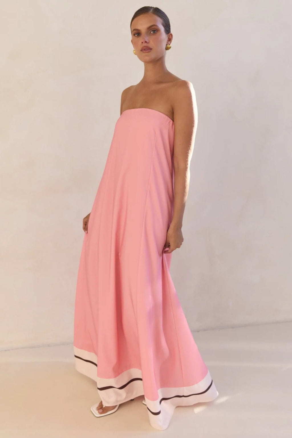 Strapless Contrast Band Hem A-Line Maxi Dress