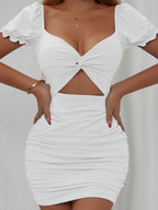 Hollow-out Pleated Puff Sleeve Bodycon Mini Dress
