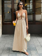 Stripes Color-blocked Splicing V-neck Hollow Maxi Dresses