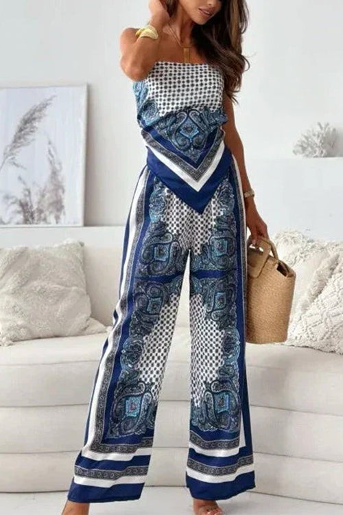 Tie Knot Backless Cami Top Wide Leg Pants Printed Set