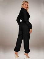 Flap Pocket Long Sleeve Waist Zipper Jumpsuits