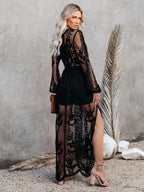 Lace Long-sleeved V-neck Solid Color Chiffon Long Dress