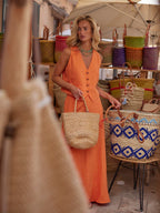 Cotton And Linen Loose Buttons Vests High-waisted Midi Skirt Set 2-piece Sets