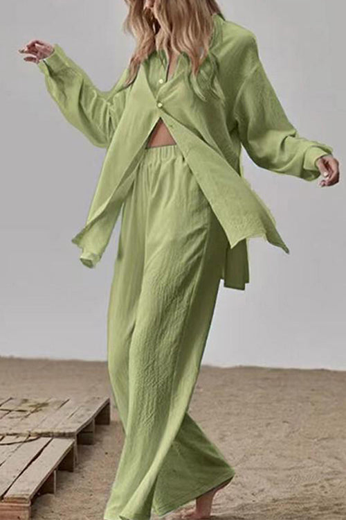 Long Sleeves Side Slit Blouse Shirt Elastic Waist Wide Leg Pants Set