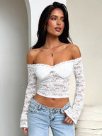 Fitted Lace Off-shoulder Short See-through Top