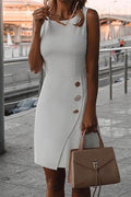 Crewneck Buttons Sleeveless Office Dress