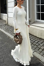 Bell Sleeves Back Lace-up Ruffle Trim Maxi Dress